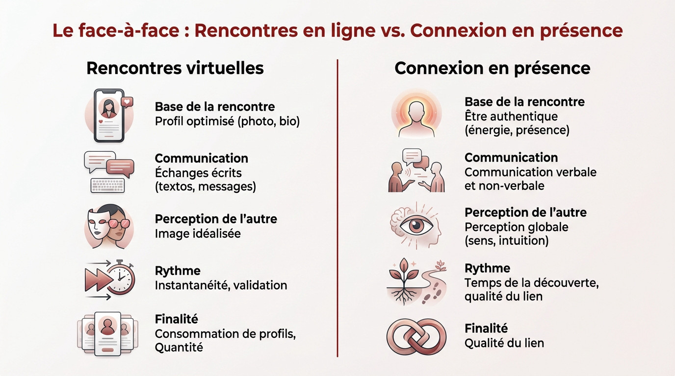 Tableau comparatif entre les rencontres virtuelles superficielles et la connexion authentique en présence