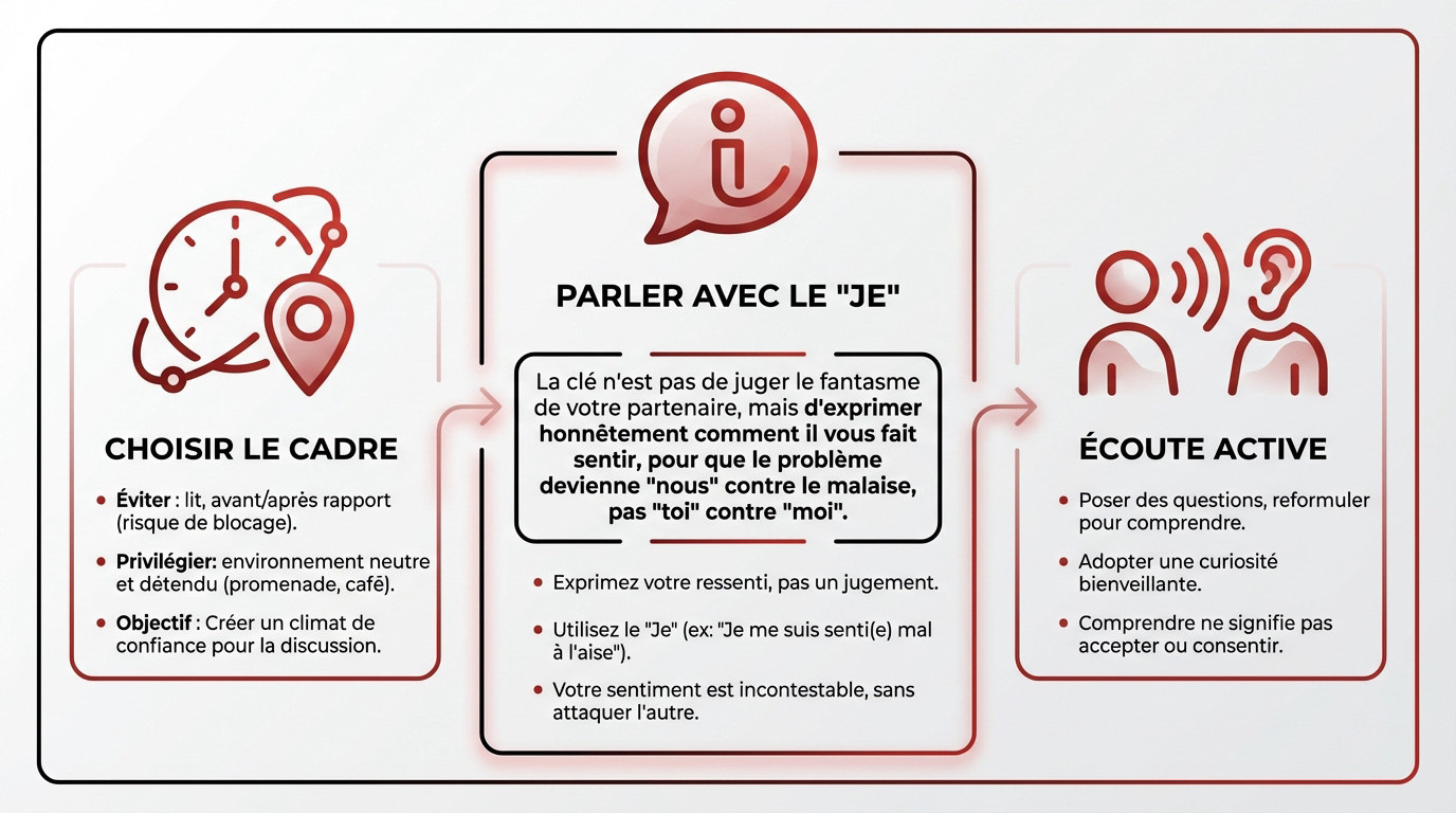 Couple discutant calmement sur un canapé pour illustrer une communication saine dans la relation