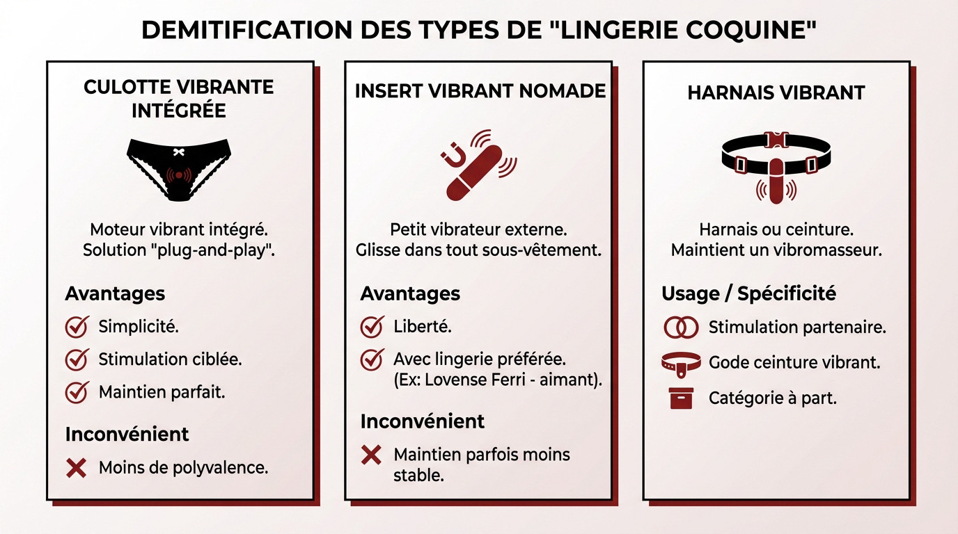 Comparatif visuel entre une culotte vibrante intégrée et un insert vibrant nomade posés sur un lit