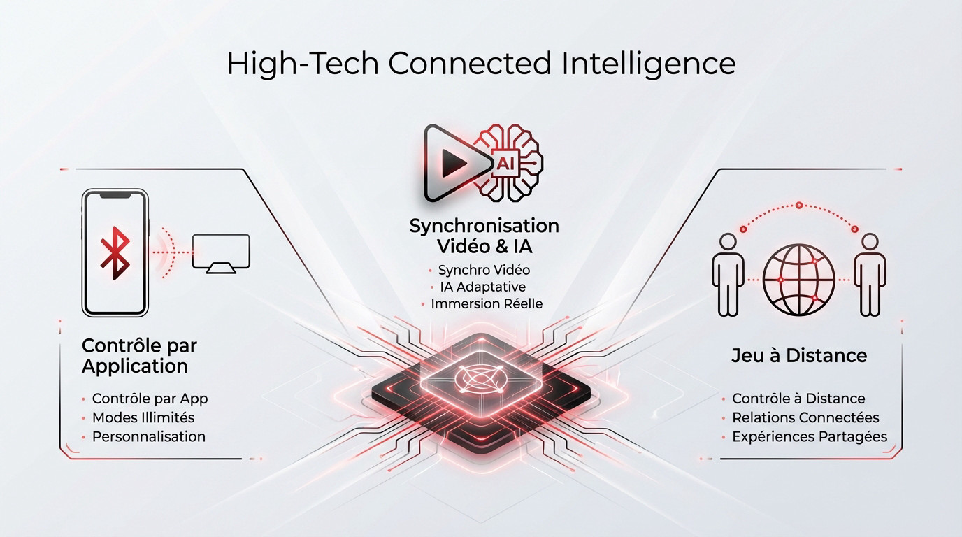 Illustration d'un masturbateur automatique connecté avec interface smartphone et fonctionnalités intelligentes