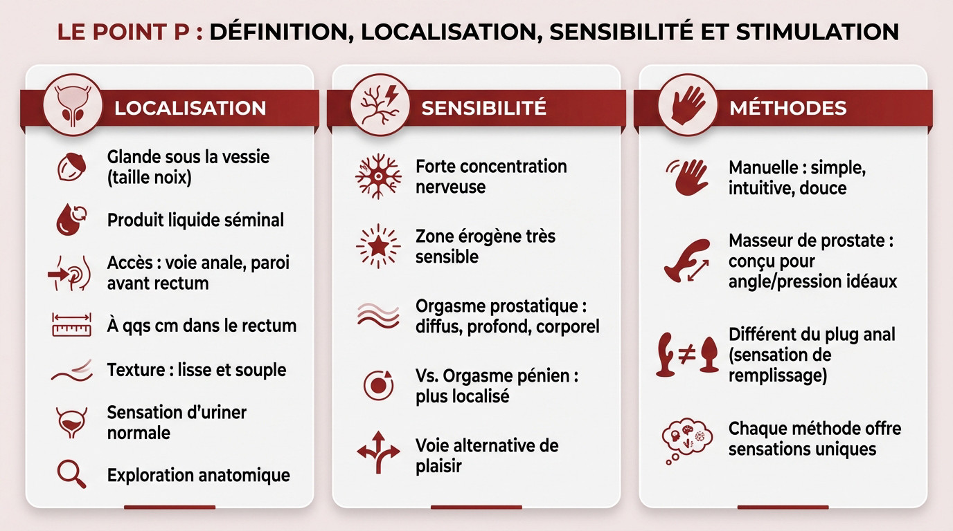 Schéma anatomique montrant la localisation du point P et de la prostate pour la stimulation masculine