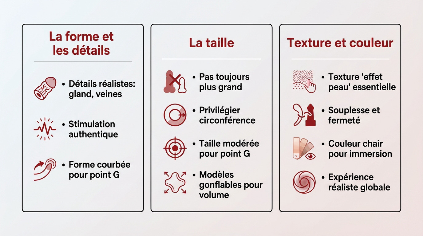 Comparatif des critères essentiels d'un gode réaliste : forme, taille, texture et couleur