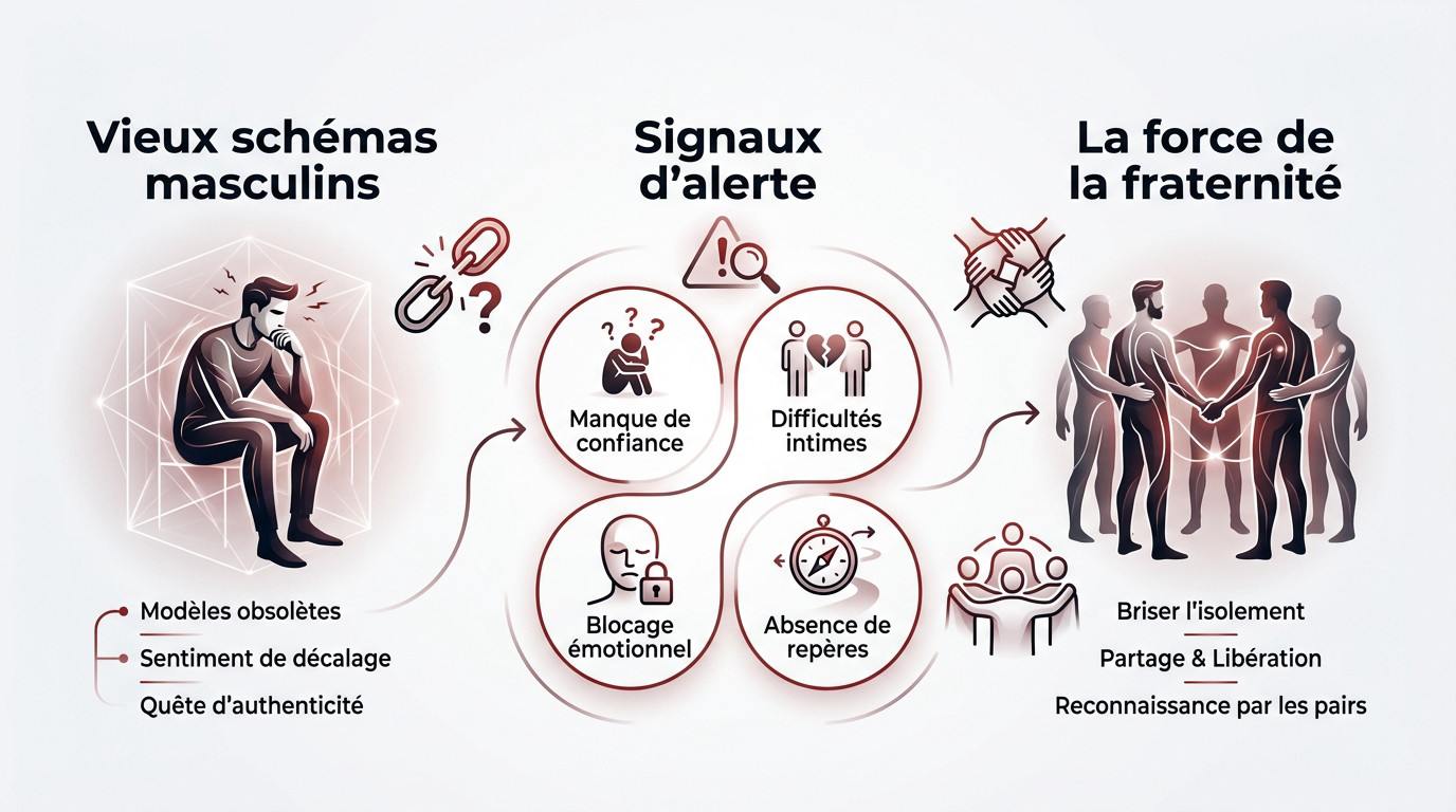 Groupe d'hommes partageant un moment de fraternité et d'écoute lors d'un stage