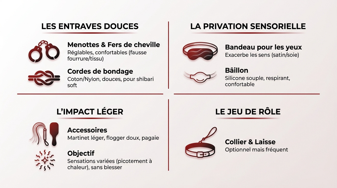 Kit BDSM débutant avec menottes confortables, corde en coton et bandeau en satin