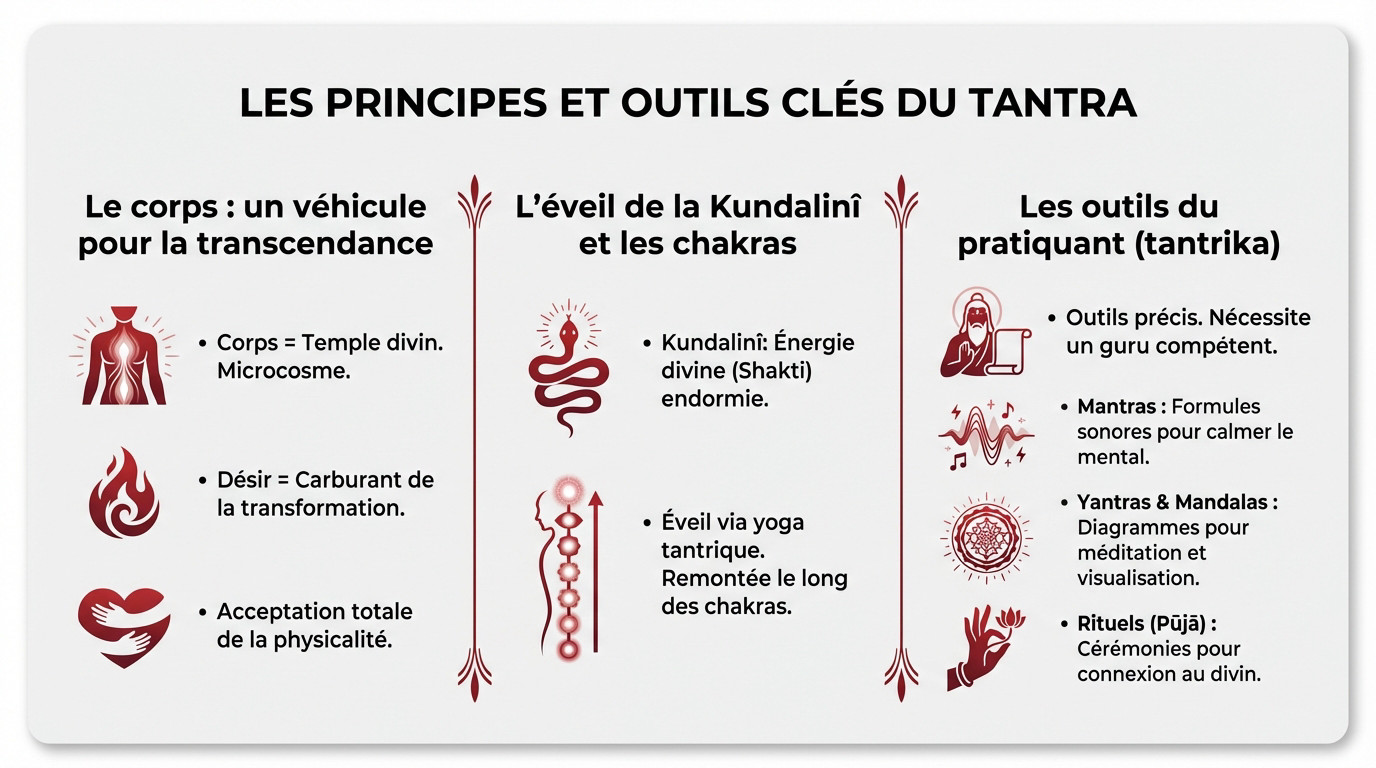 Illustration des principes et outils clés du tantra incluant la méditation et les chakras