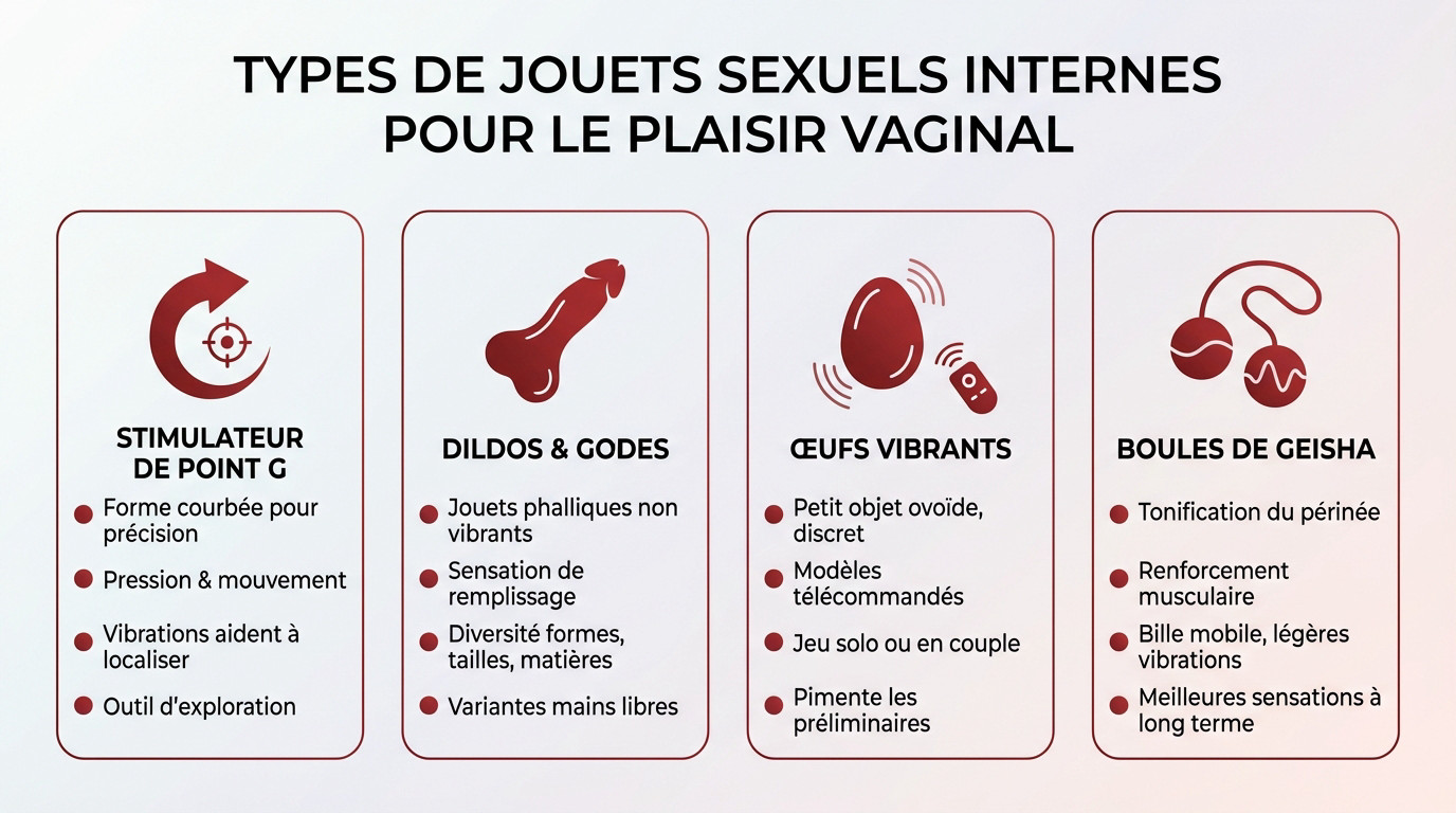 Collection variée de sextoys internes incluant godes et oeufs vibrants posés sur une surface claire