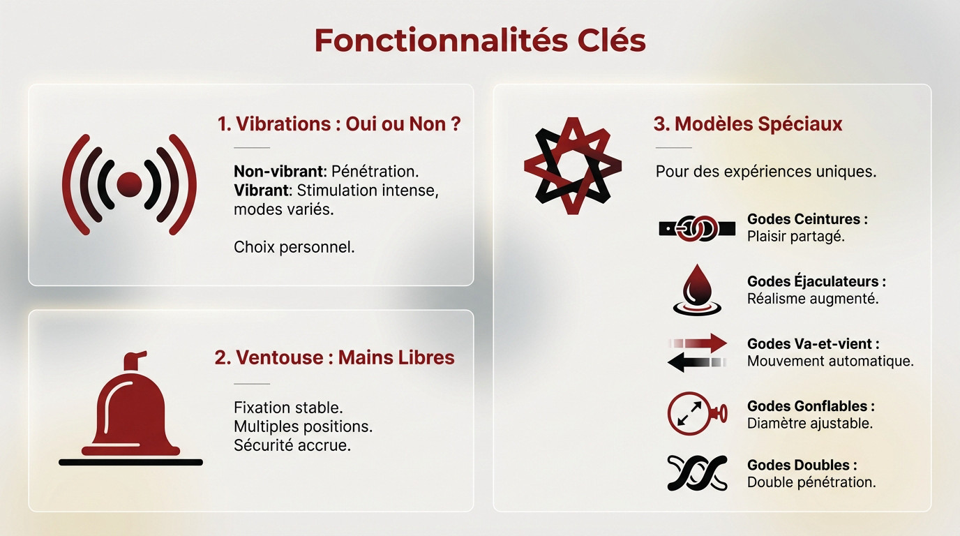 Comparatif des fonctionnalités de godemichets : ventouse, vibrations et textures