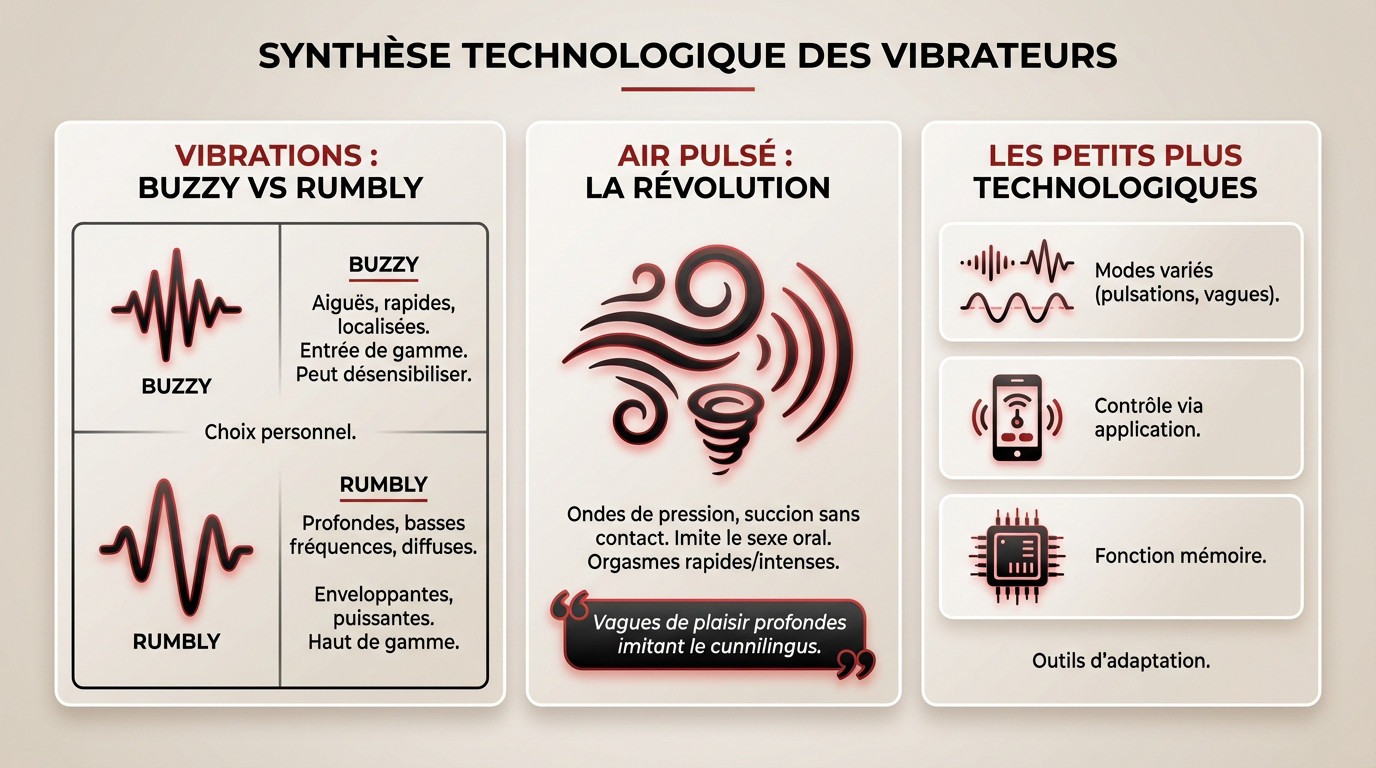 Schéma comparatif des technologies de vibromasseurs : vibrations buzzy, rumbly et air pulsé