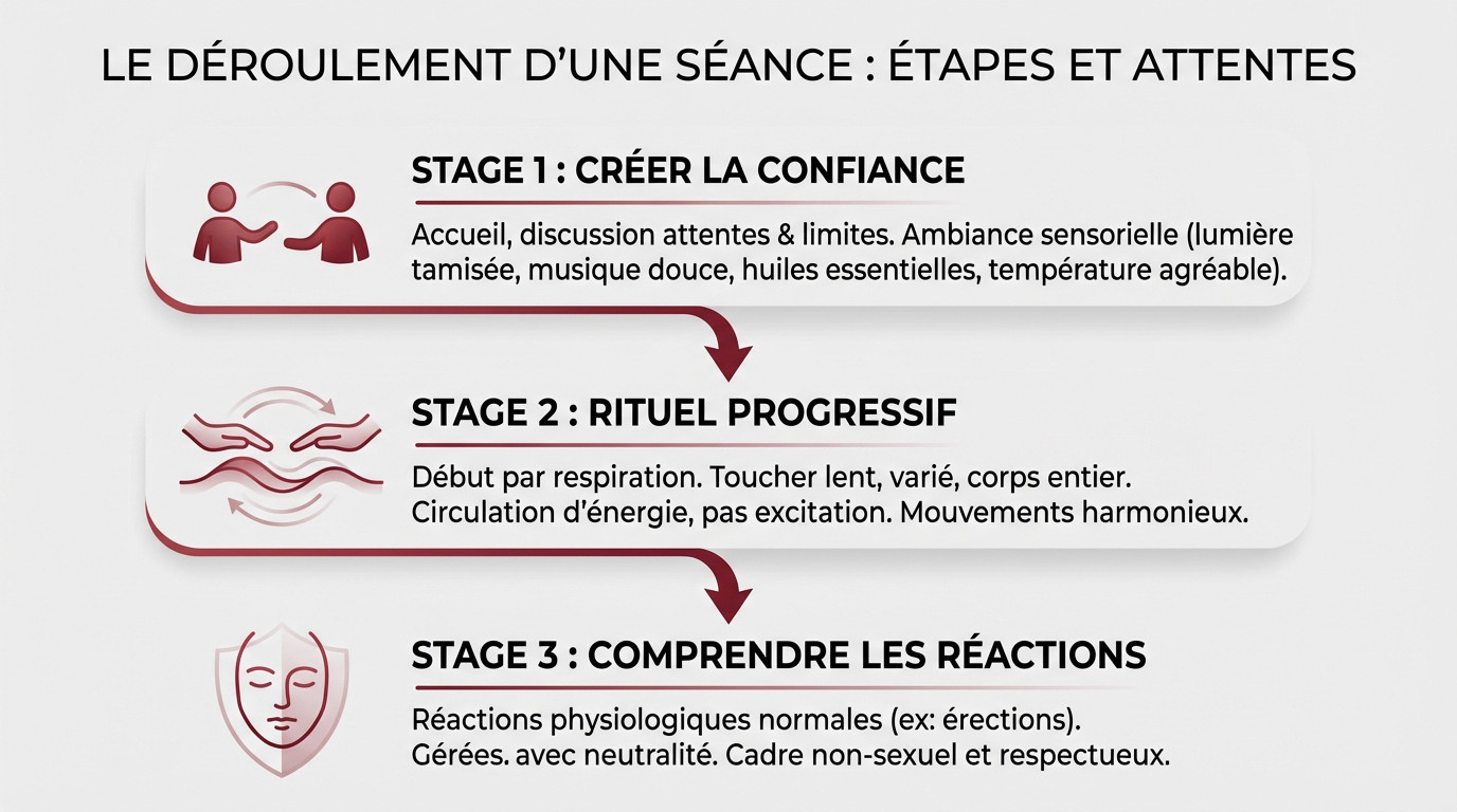 Infographie détaillant les étapes clés et le déroulement d'une séance de massage tantrique