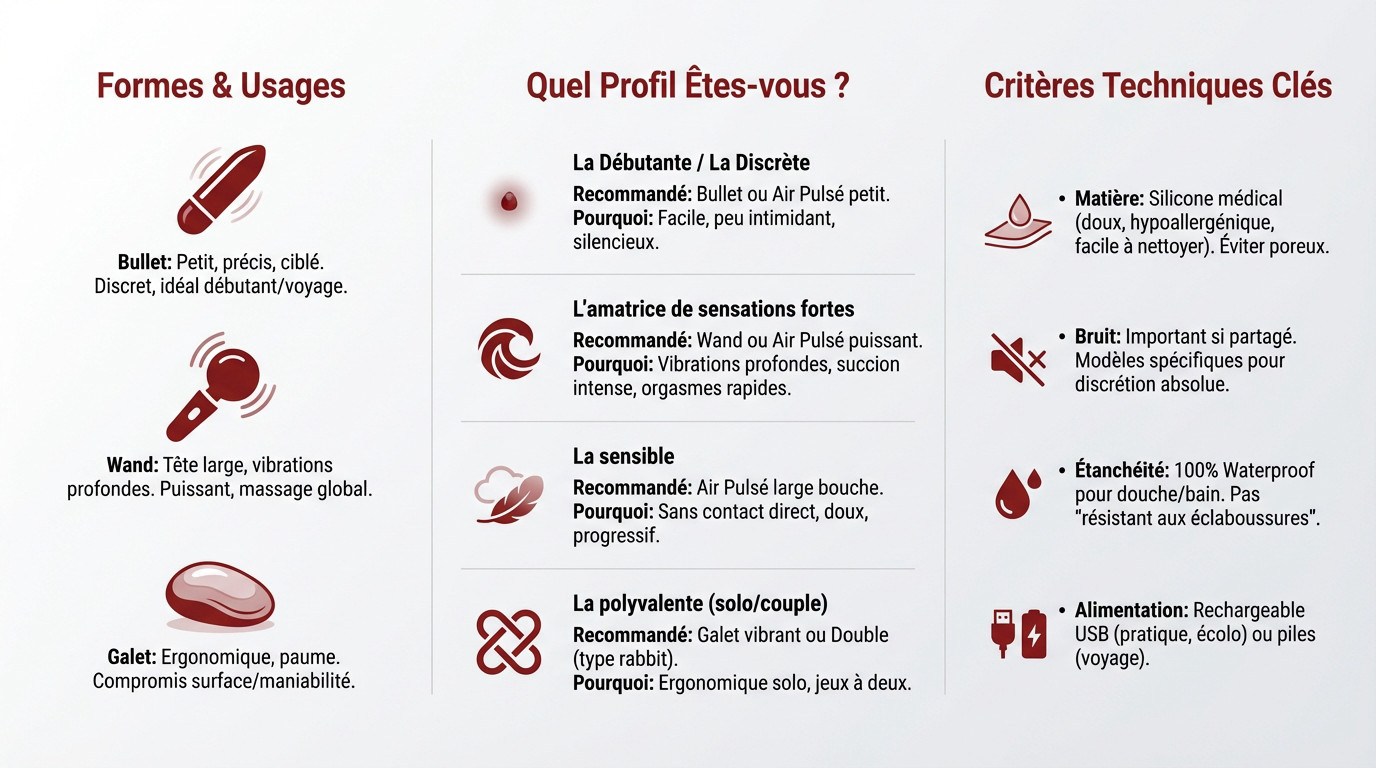 Comparatif visuel des différents types de stimulateurs : bullet, wand et galet