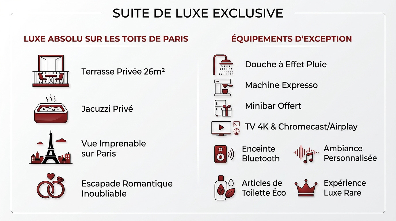 Suite de luxe avec terrasse privée et jacuzzi à l'hôtel Le Quinzerie Paris