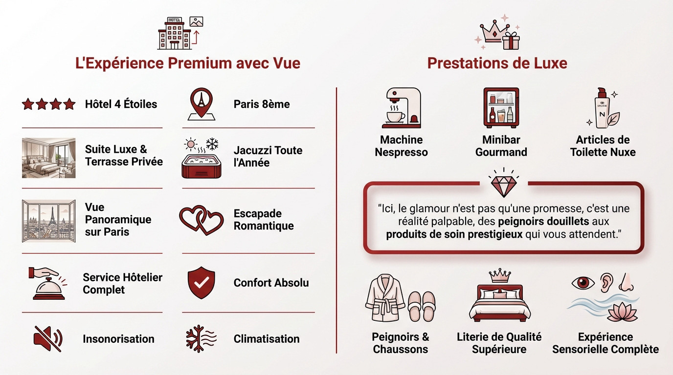 Suite privilège Mathurin Hotel Spa avec jacuzzi privatif sur terrasse et vue sur Paris