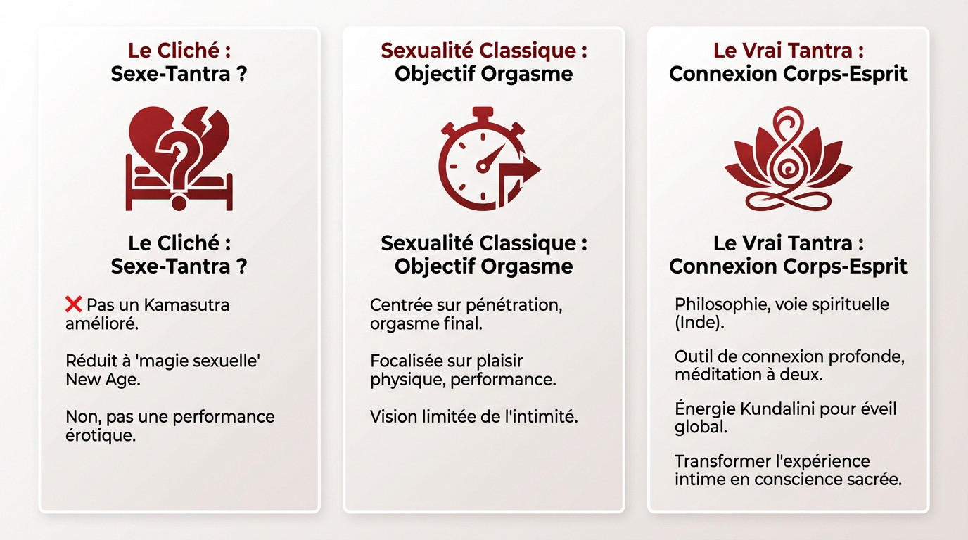 Comparaison visuelle entre les clichés du sexe tantrique et la réalité de la connexion spirituelle