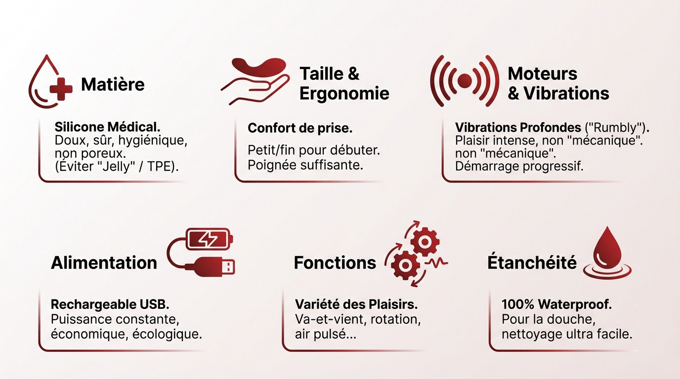Guide visuel des critères essentiels pour choisir un vibromasseur rabbit : matière, taille et vibrations
