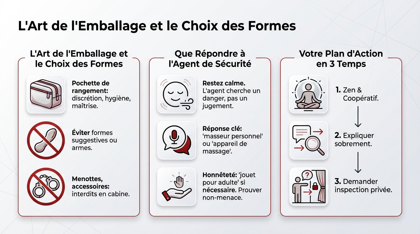 Passage discret au contrôle de sécurité aéroport avec un bagage cabine contenant un objet intime