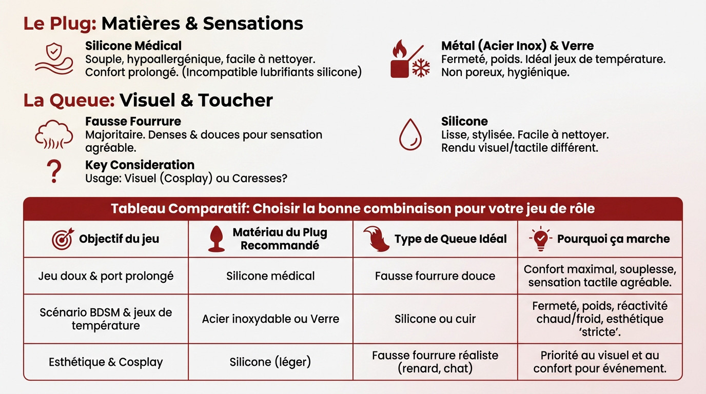 Comparaison des matériaux pour plug anal à queue : silicone, métal et verre