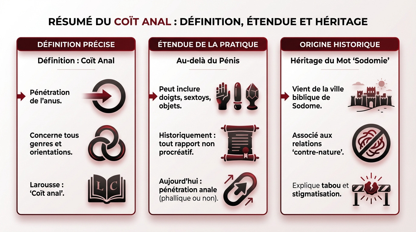 Résumé visuel de la définition de la sodomie, incluant le coït anal et son héritage historique