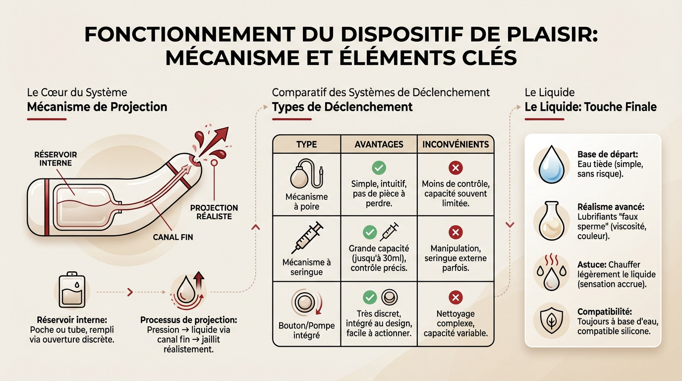 Schéma technique montrant le réservoir et le système de pompe d'un gode éjaculateur
