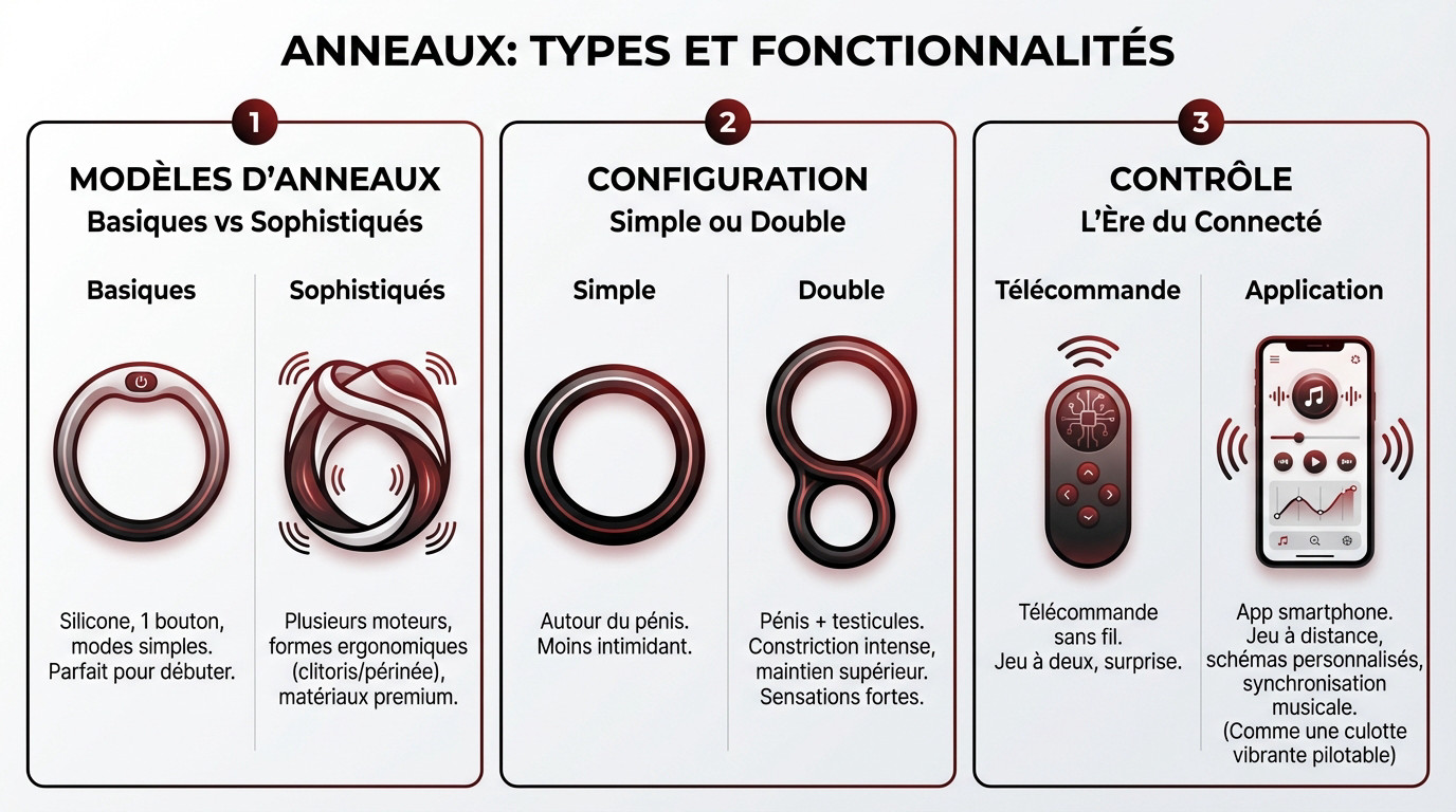 Comparatif visuel des différents types d'anneaux vibrants : modèles simples, doubles et connectés pour couple