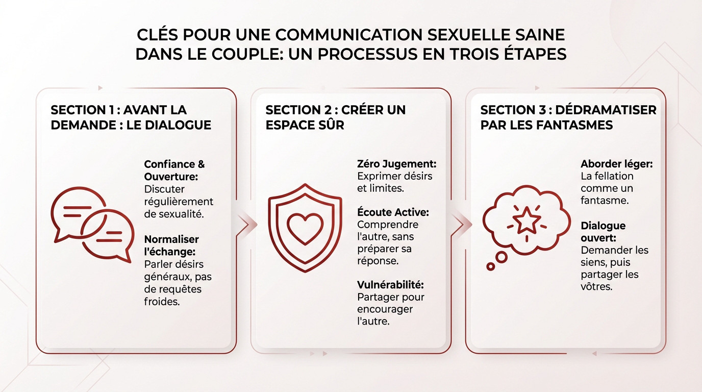 Illustration des étapes pour une communication sexuelle saine et sans pression dans le couple
