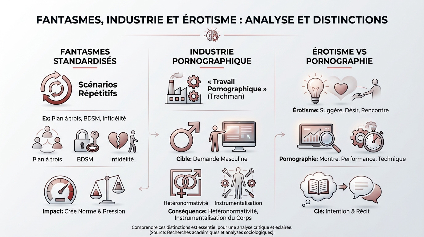 Illustration symbolisant la différence entre les fantasmes industriels de la pornographie et l'érotisme personnel