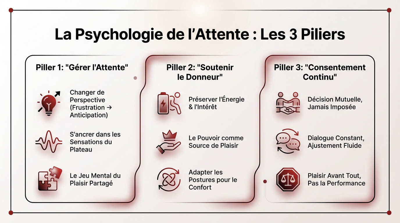 Schéma illustrant les trois piliers psychologiques de l'edging : frustration, plaisir et anticipation