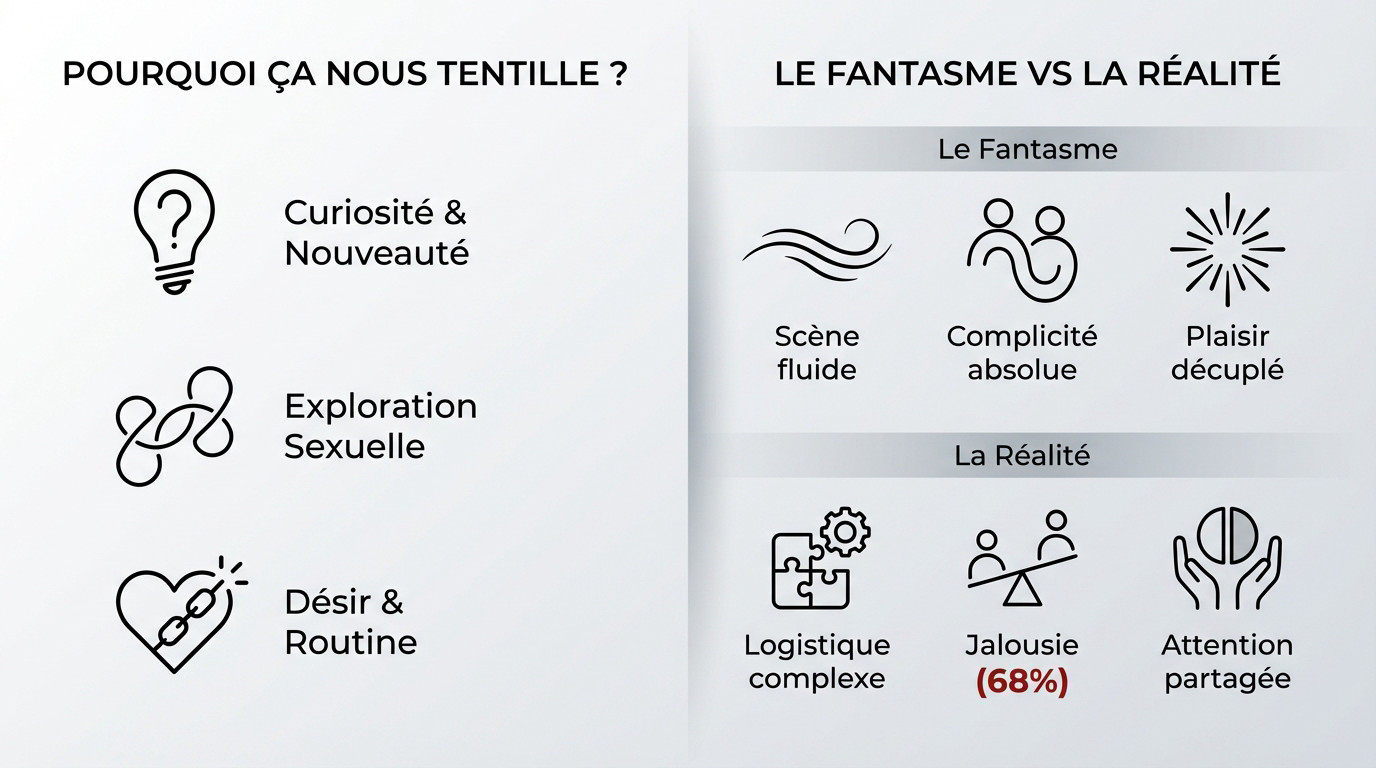 Comparaison entre le fantasme du plan à trois et la réalité logistique et émotionnelle