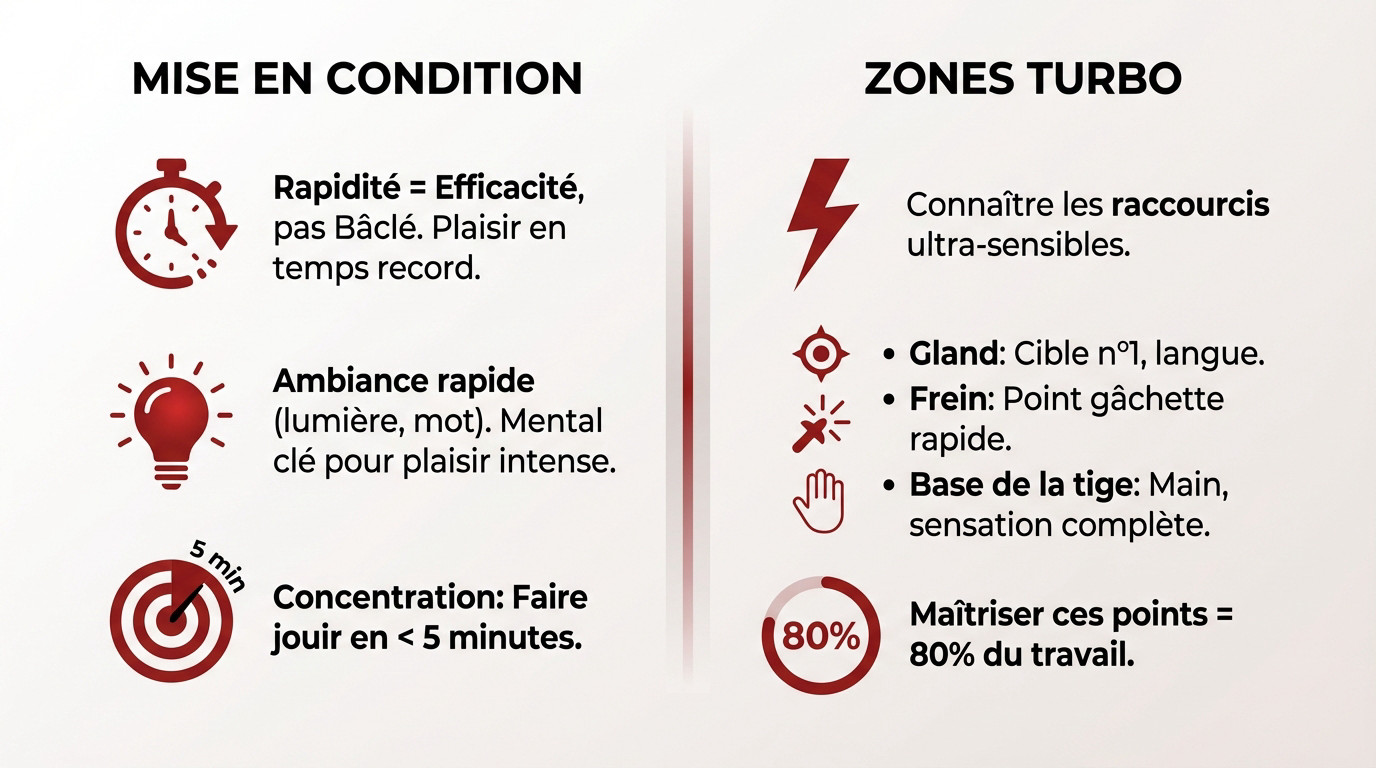 Schéma illustrant les zones sensibles du pénis pour une fellation rapide : gland, frein et base de la tige