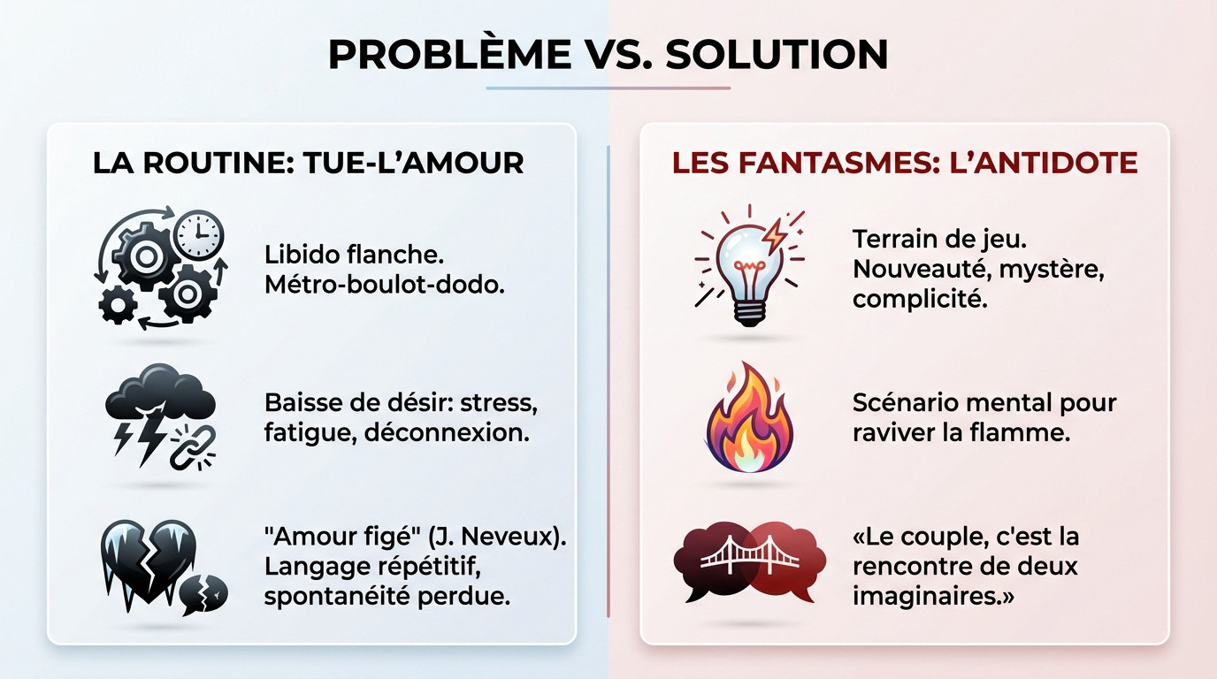 Illustration montrant le contraste entre la routine qui éteint le désir et les fantasmes qui ravivent la flamme du couple